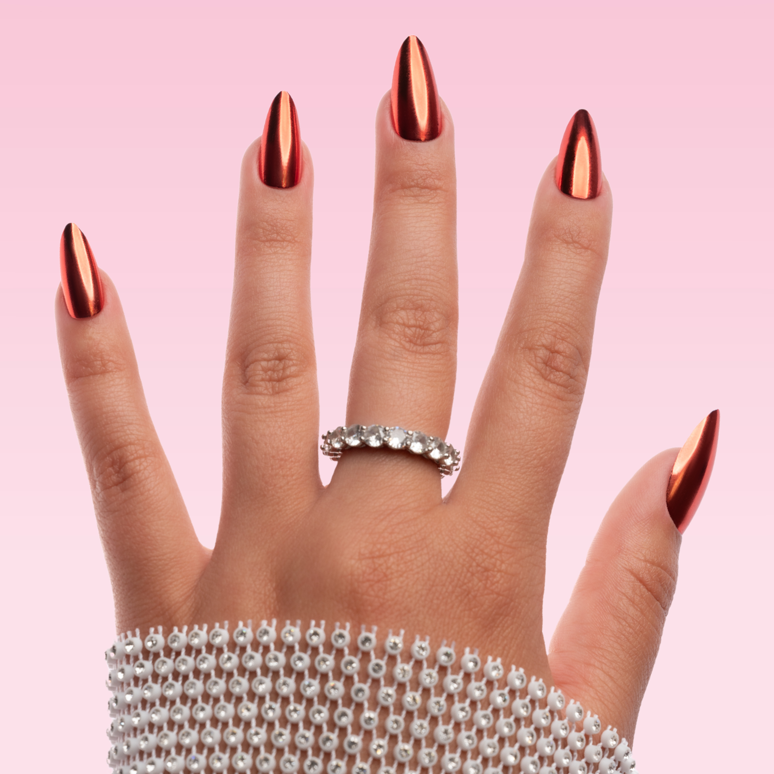 Chrome Red Almond Medium Press-On Nails