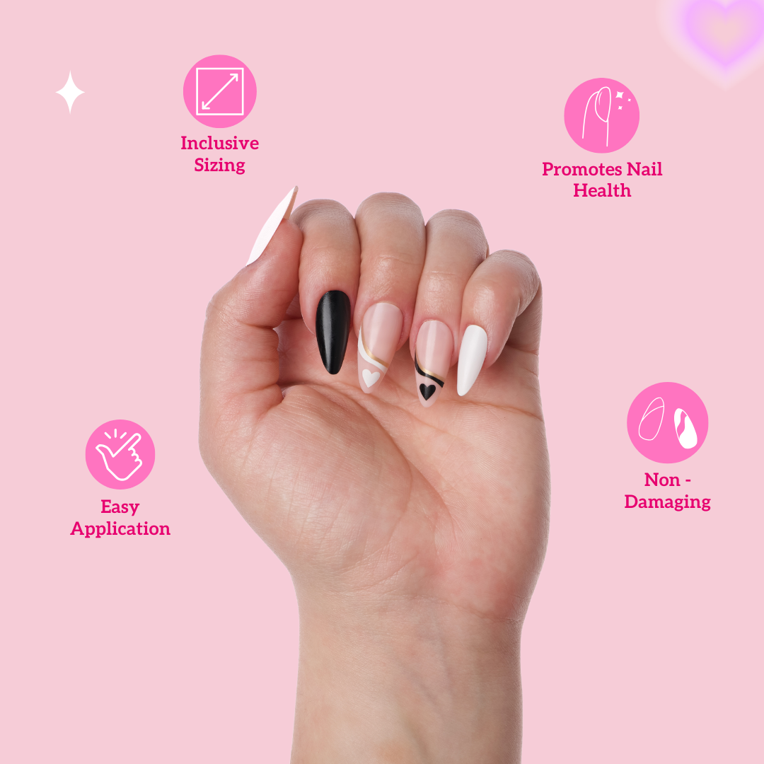 White & Black Heart Almond Press-On Nails