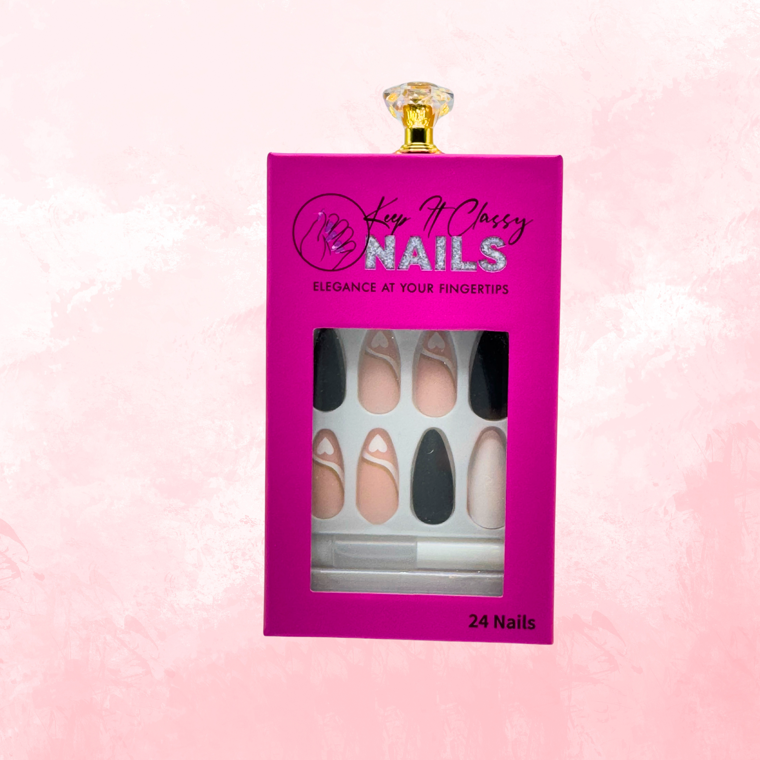 White & Black Heart Almond Press-On Nails
