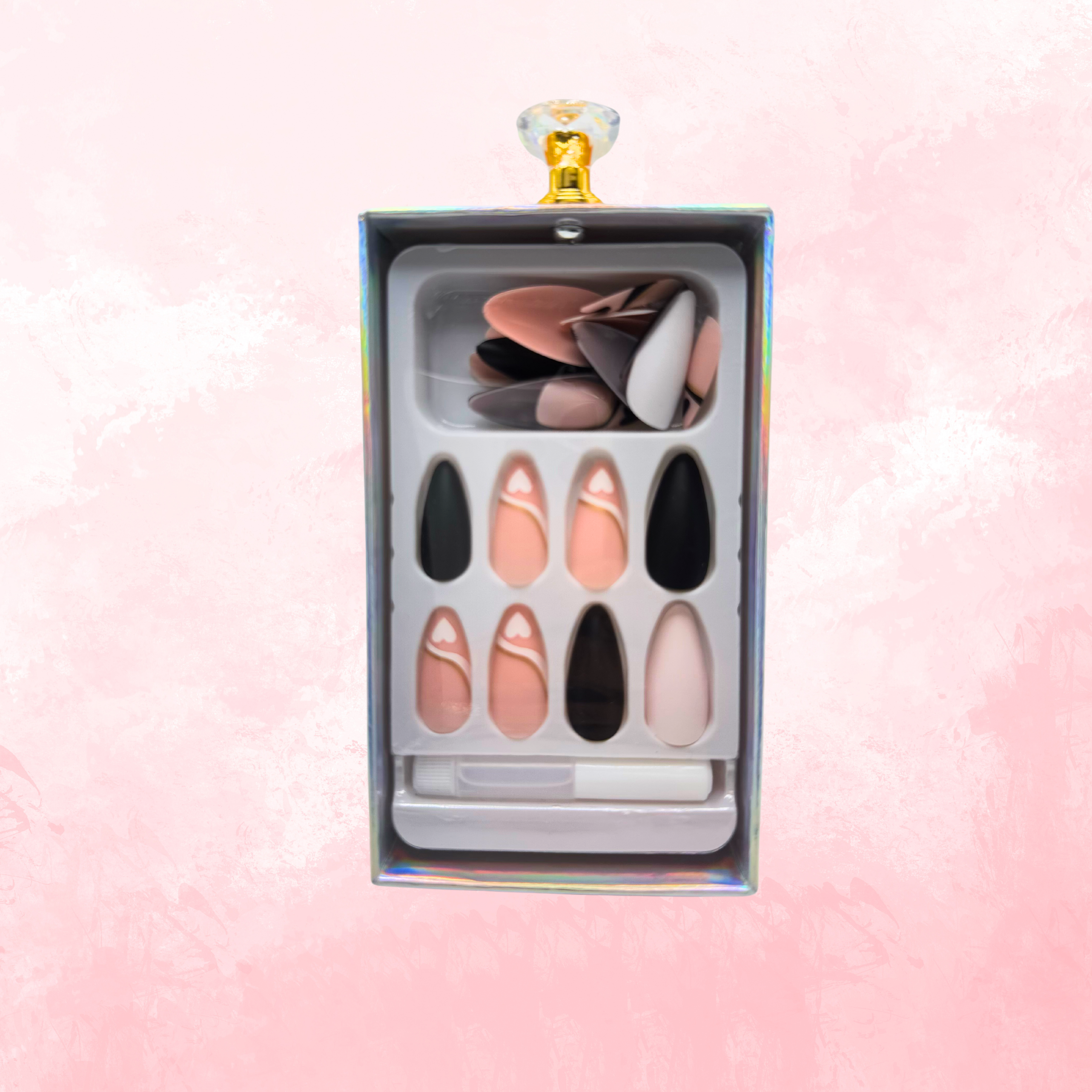 White & Black Heart Almond Press-On Nails