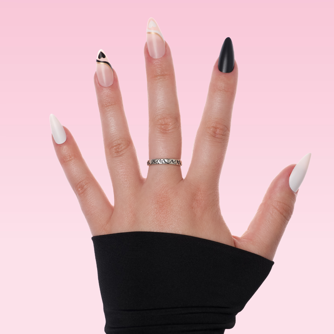 White & Black Heart Almond Press-On Nails