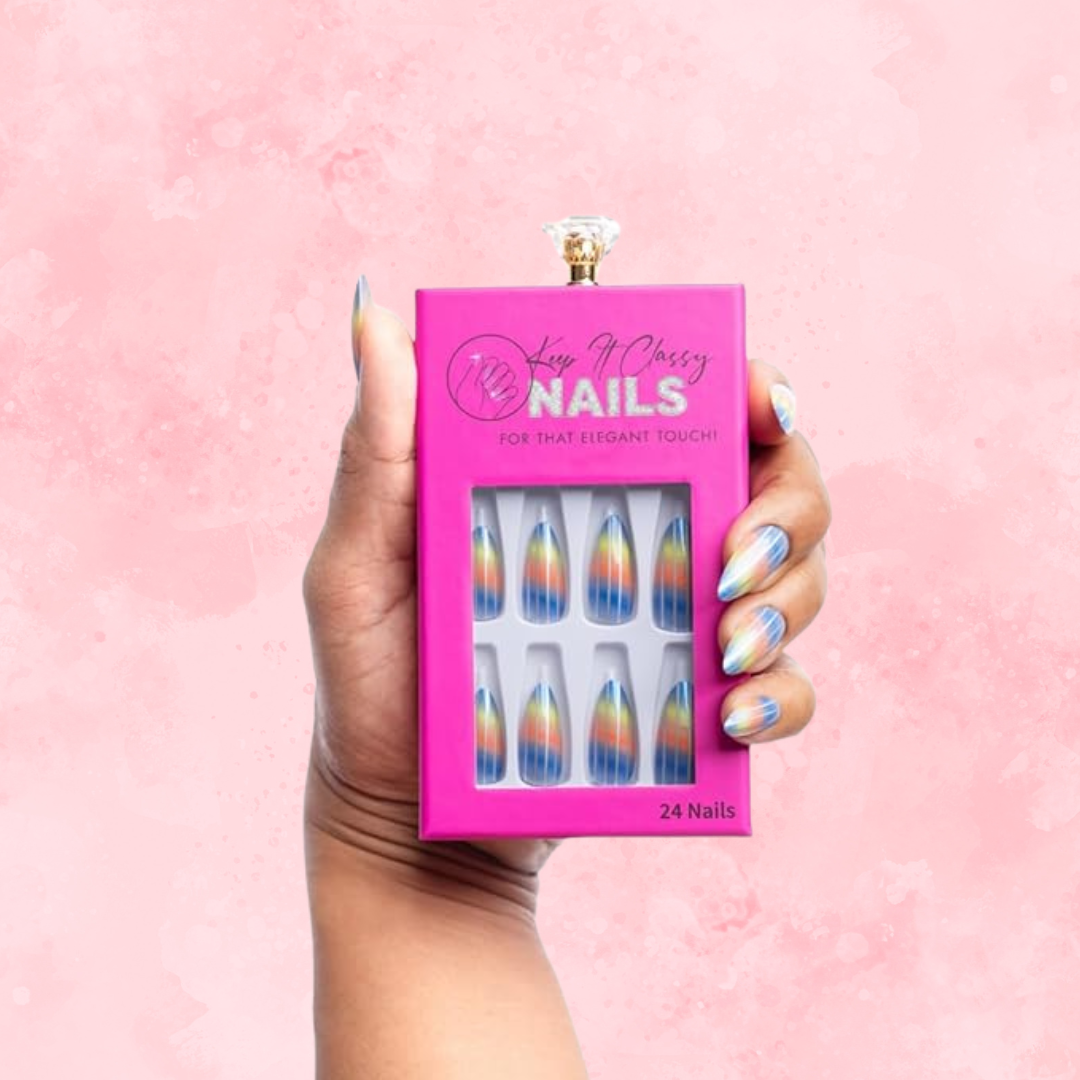 Blue Rainbow Almond Medium Press-On Nails