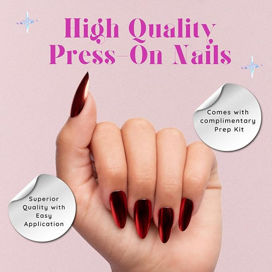 Chrome Red Almond Medium Press-On Nails