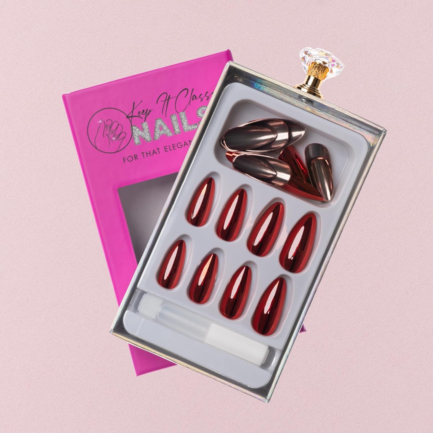 Chrome Red Almond Medium Press-On Nails