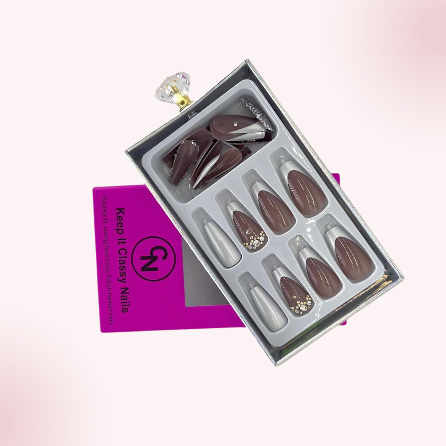 French Tip Mauve/Silver Stiletto Press-On Nails