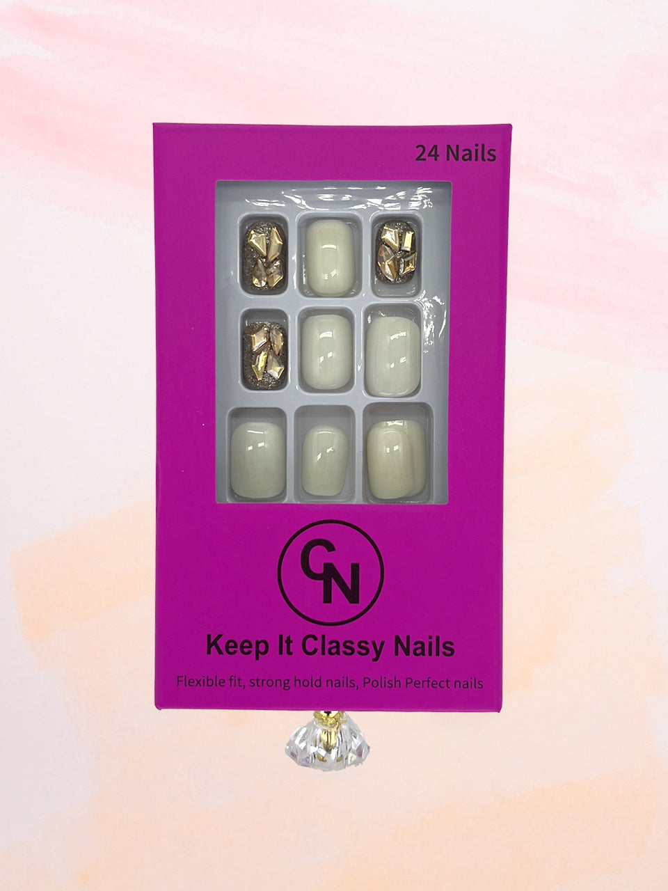 Pearly White W/ Square Crystals Press-On Nails