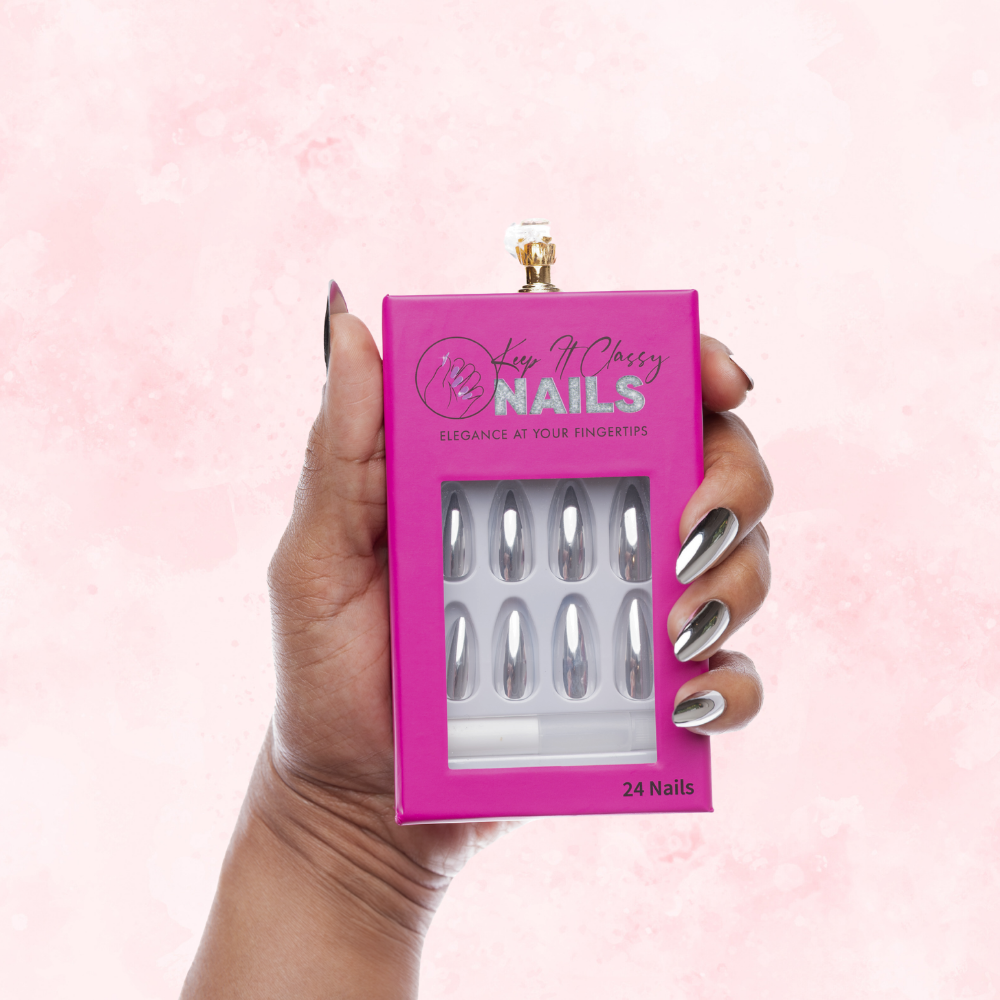 Chrome Silver Almond Medium Press-On Nails