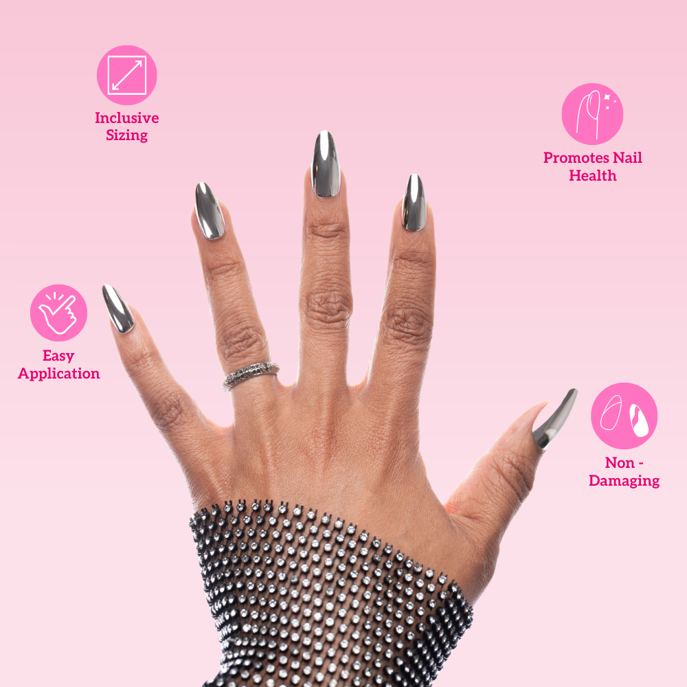 Chrome Silver Almond Medium Press-On Nails