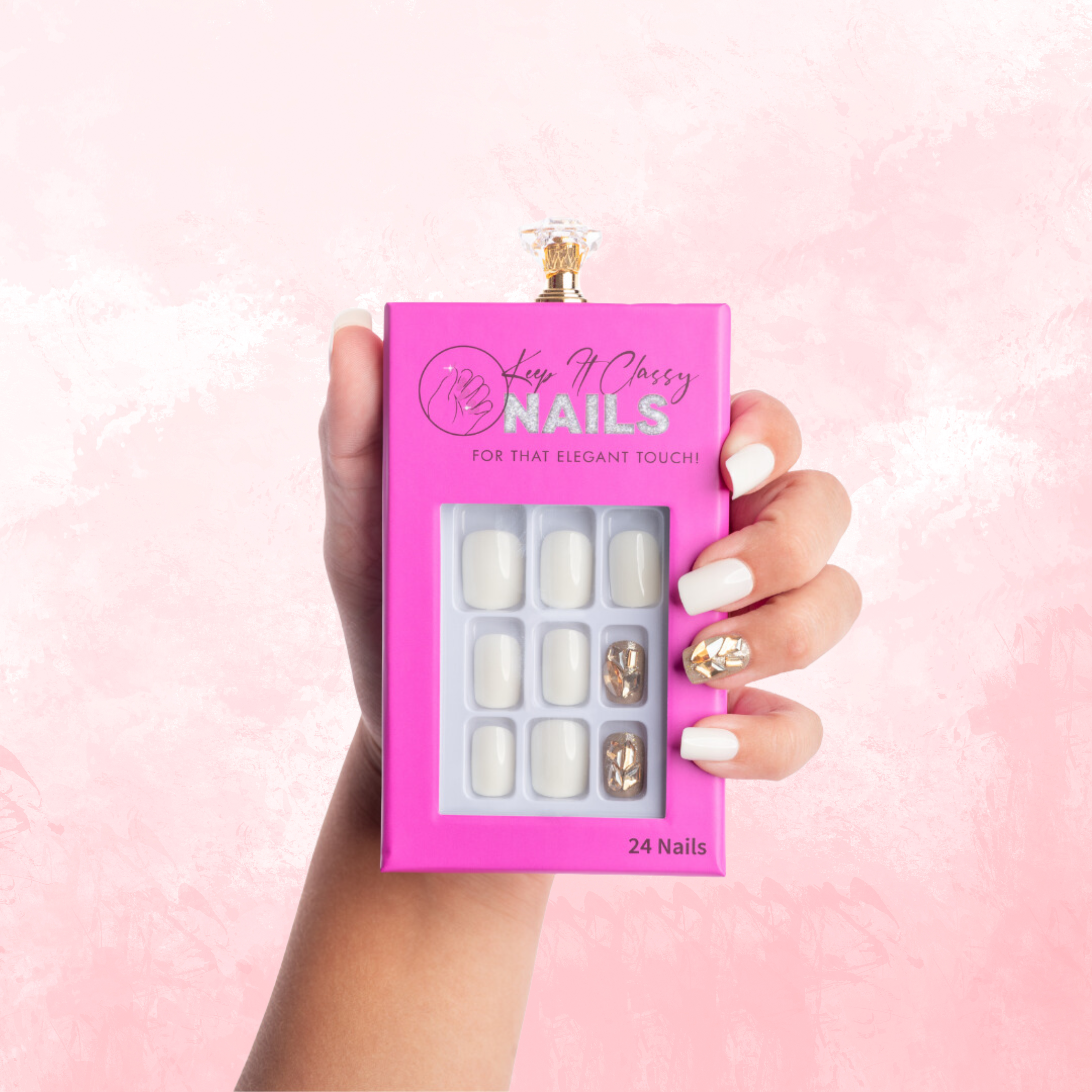 Pearly White With Crystal Stone Accents - Square Press-On Nails